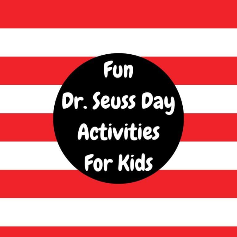 Red and white striped background similar to the Cat in the Hat hat. The text overlay says, "Fun Dr. Seuss Day Activities for Kids."