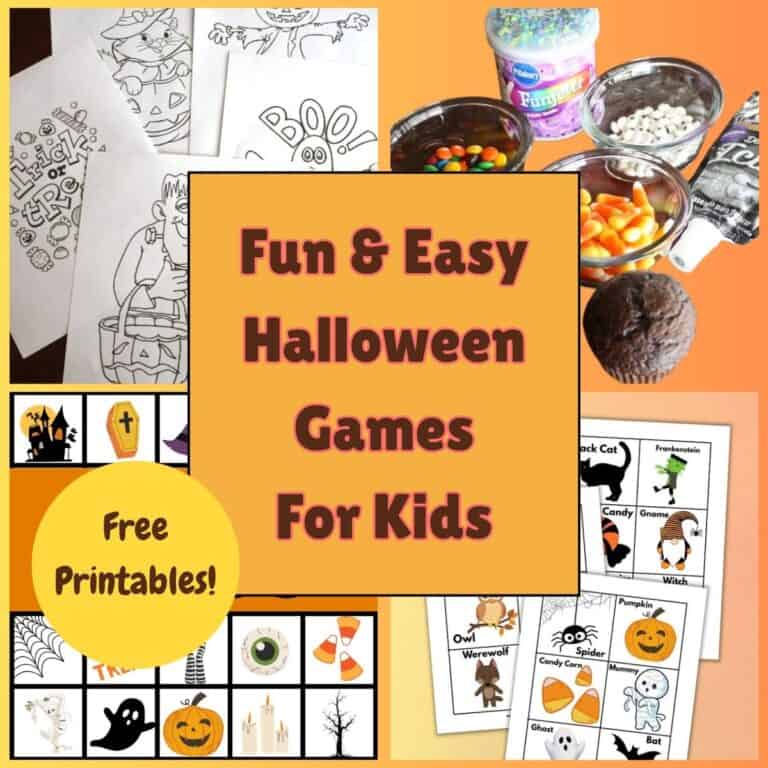 Collage showing cupcake decorating, Halloween charades or Halloween Headbandz, Halloween bingo and coloring pages for the cupcake walk. The text overlay says, "Fun and Easy Halloween Games for Kids." and, "Free printable."
