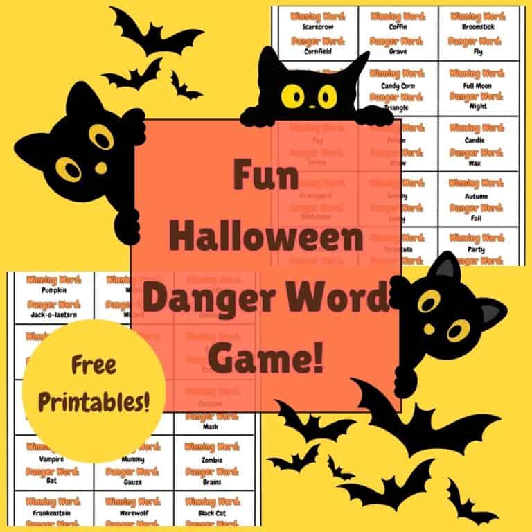 Text overlay says, "Fun Halloween Danger Word Game". Image contains free printable Halloween Danger Game, black cats and black bats.