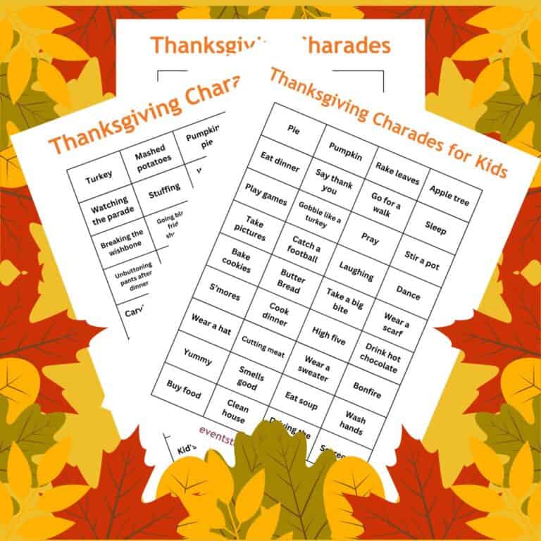 Free Thanksgiving charades game sheets with autumn leaves in the background.
