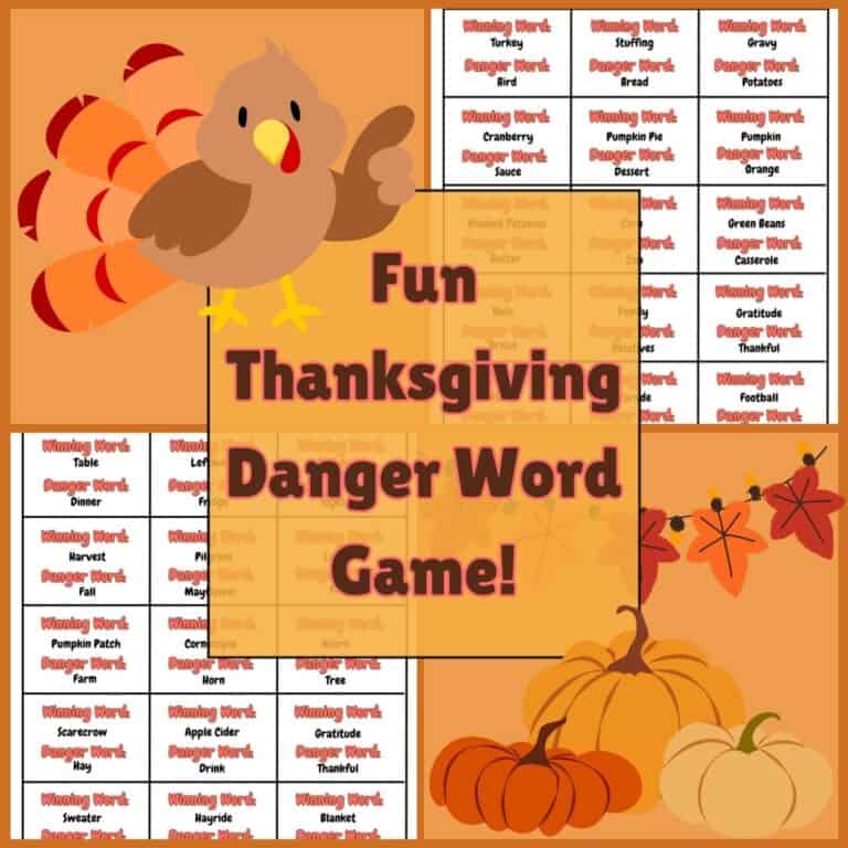 Thanksgiving danger word game printables with cartoon turkey, pumpkins and a thanksgiving banner.