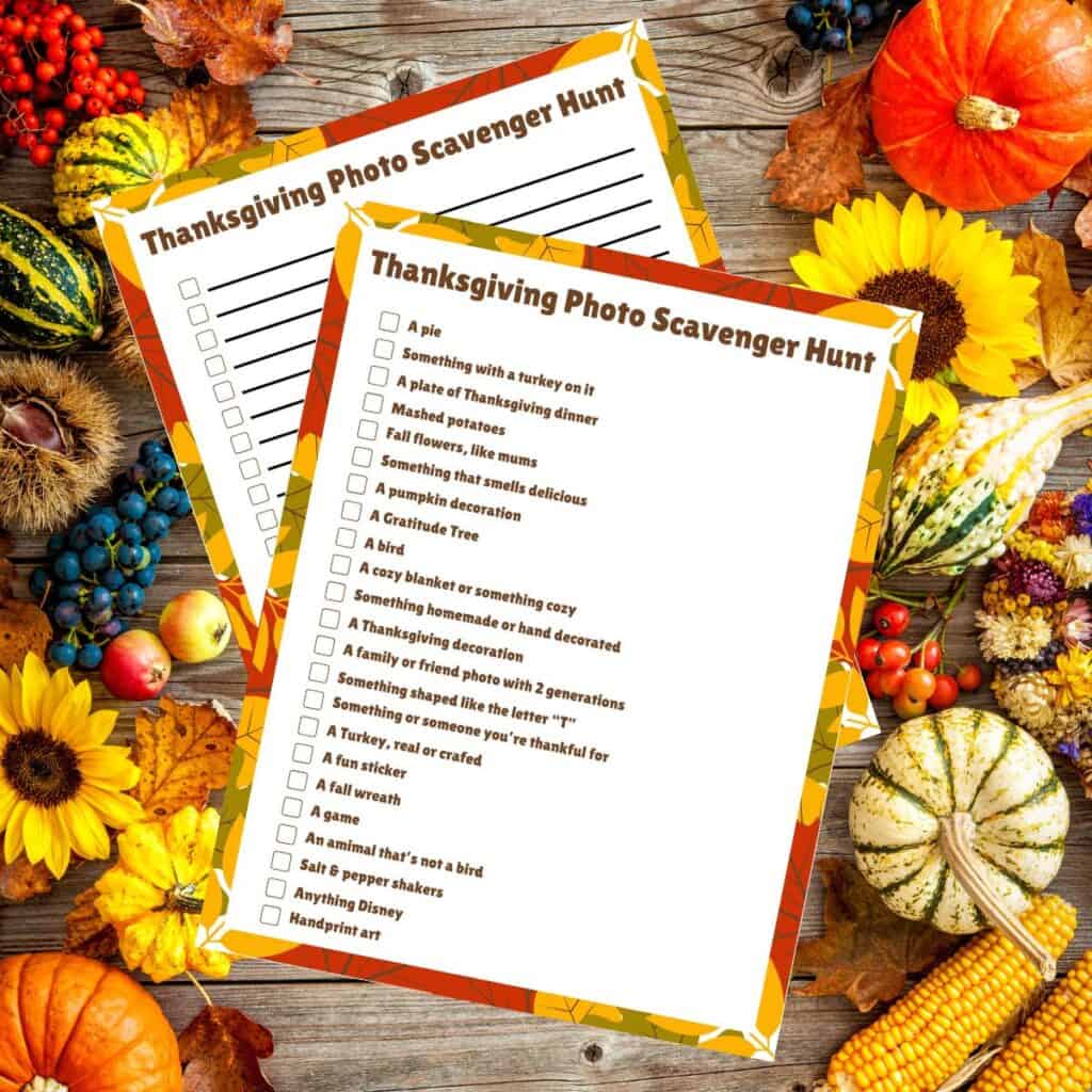 Thanksgiving photo scavenger hunt free printables on a thanksgiving background