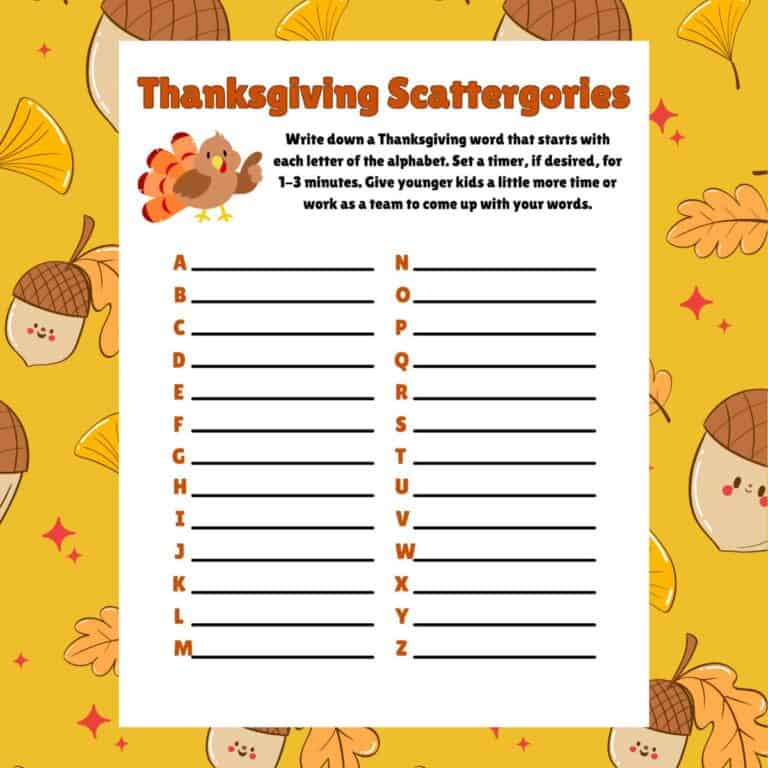 Thanksgiving with cartoon acorns and leaves with my free printable Thanksgiving Scattergories game sheet on the front.