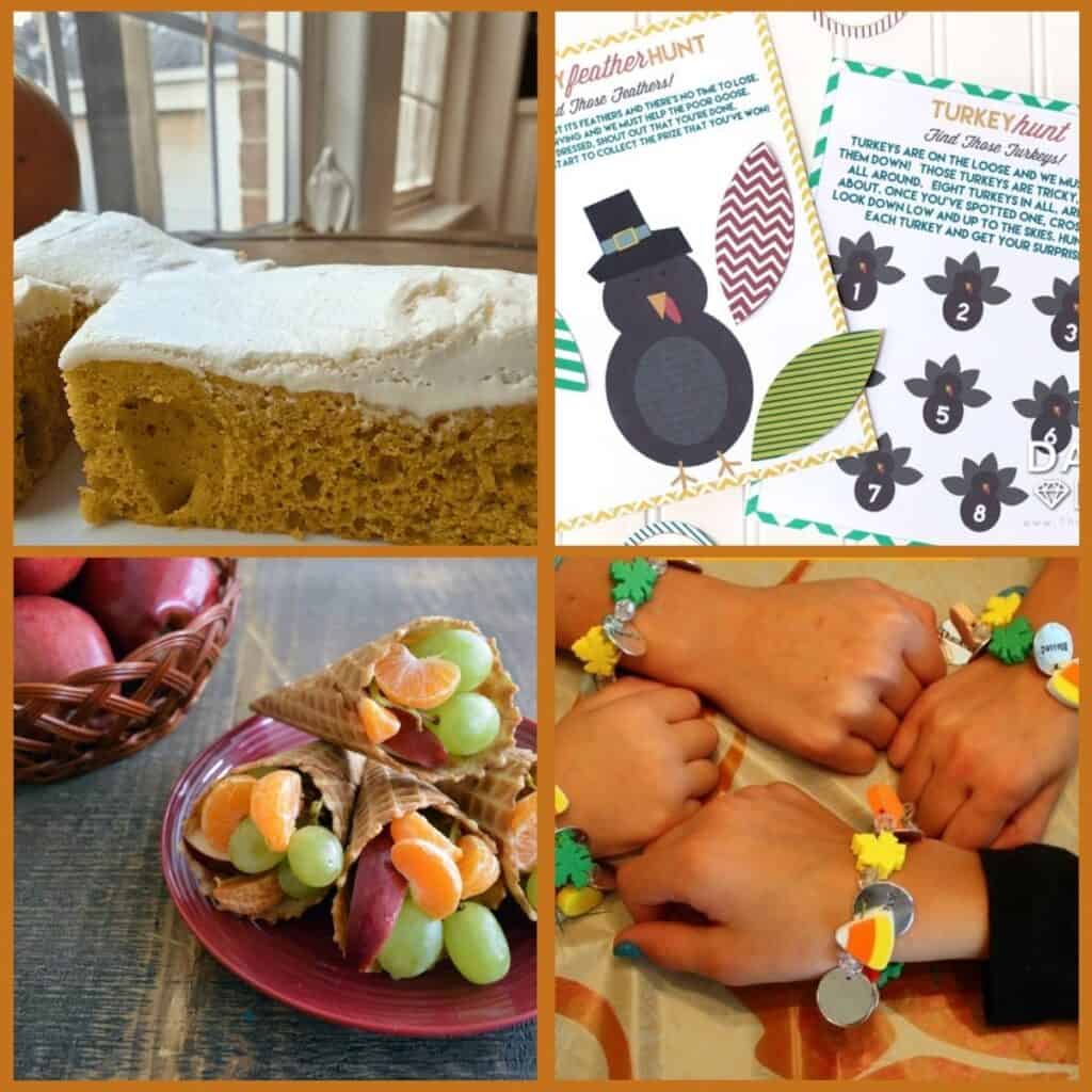 Featured image with 4 images: Pumpkin cake with frosting, Thanksgiving-themed charm bracelets, a turkey hunt free printable for a Thanksgiving party for kids, and fruit cornucopias made with waffle cones.
