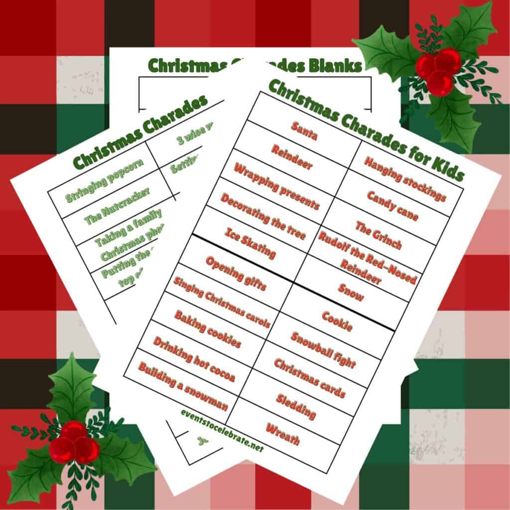 Featured image for my free printable Christmas charades game featuring all three pages of the free game on a Christmas plaid background.