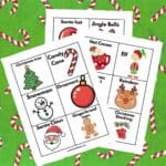 Featured image for this free printable Christmas headbands game, featuring 18 Christmas images on cards to print and cut.