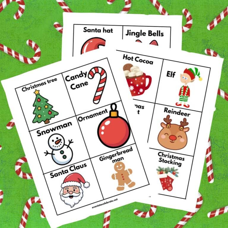 Featured image for this free printable Christmas headbands game, featuring 18 Christmas images on cards to print and cut.