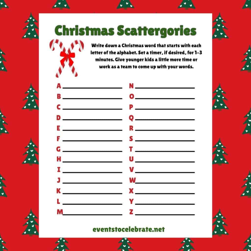 Featured image for this free printable Christmas scattergories game, showing the download on a christmas background.