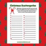 Featured image for this free printable Christmas scattergories game, showing the download on a christmas background.