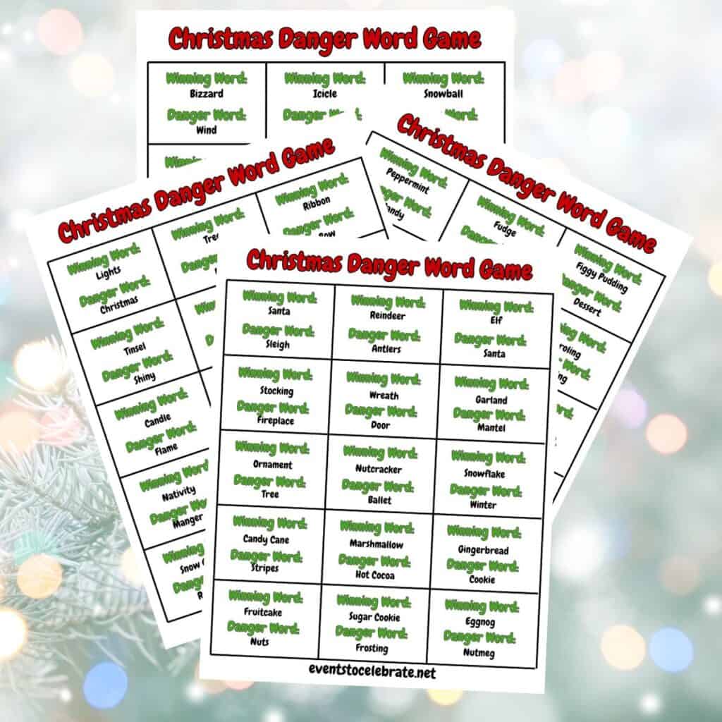 Featured image for insanely fun Christmas Danger Word Game free printable.