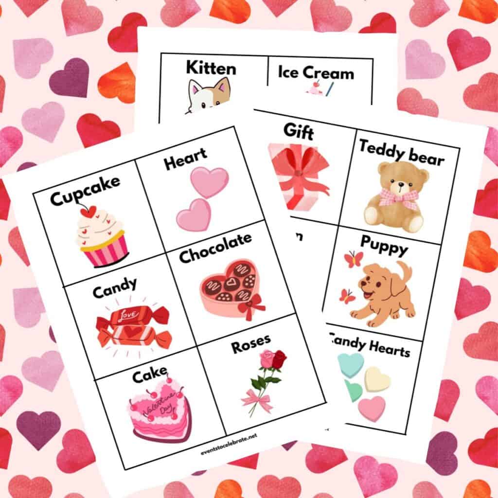 Valentine's Day hearts background with the free printable Valentine's Day headbands game in front.