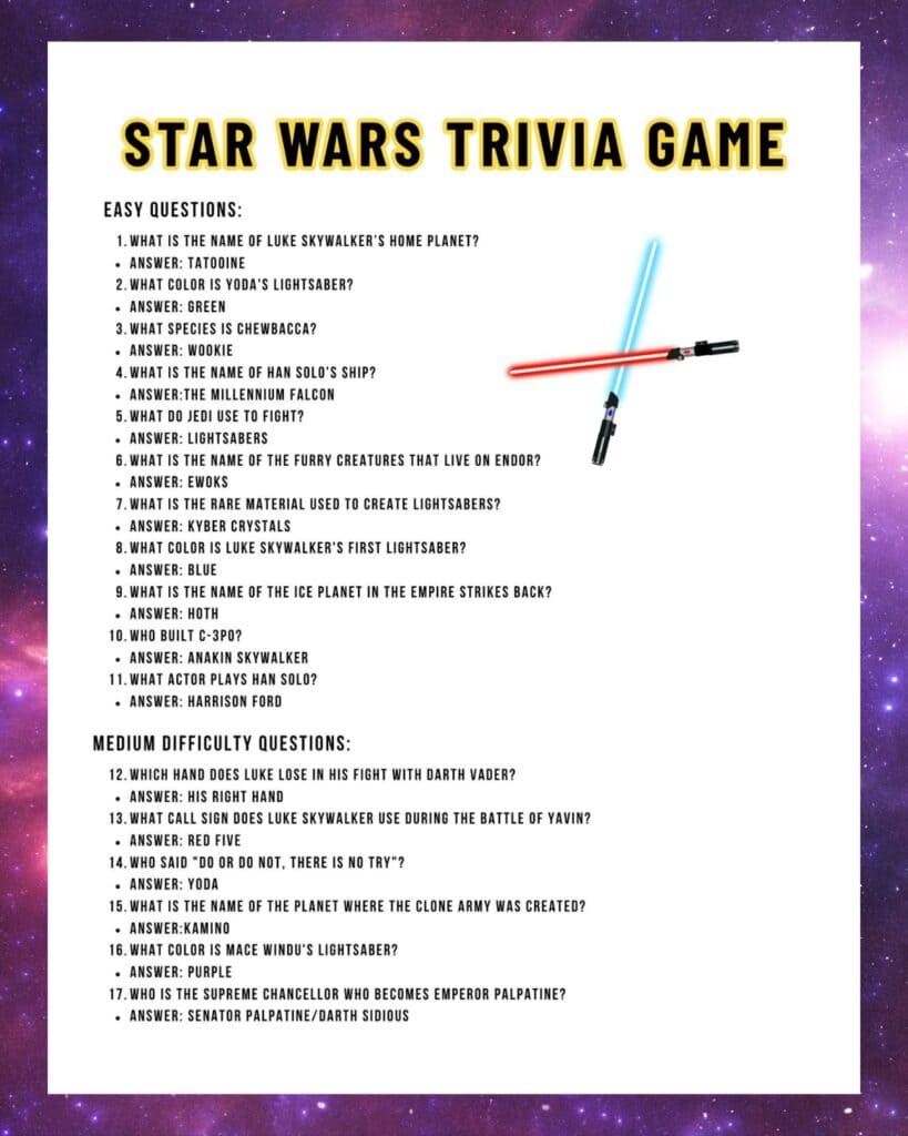 First page of the Star Wars trivia game free printable for your Star Wars birthday party or Star Wars Day celebration. 