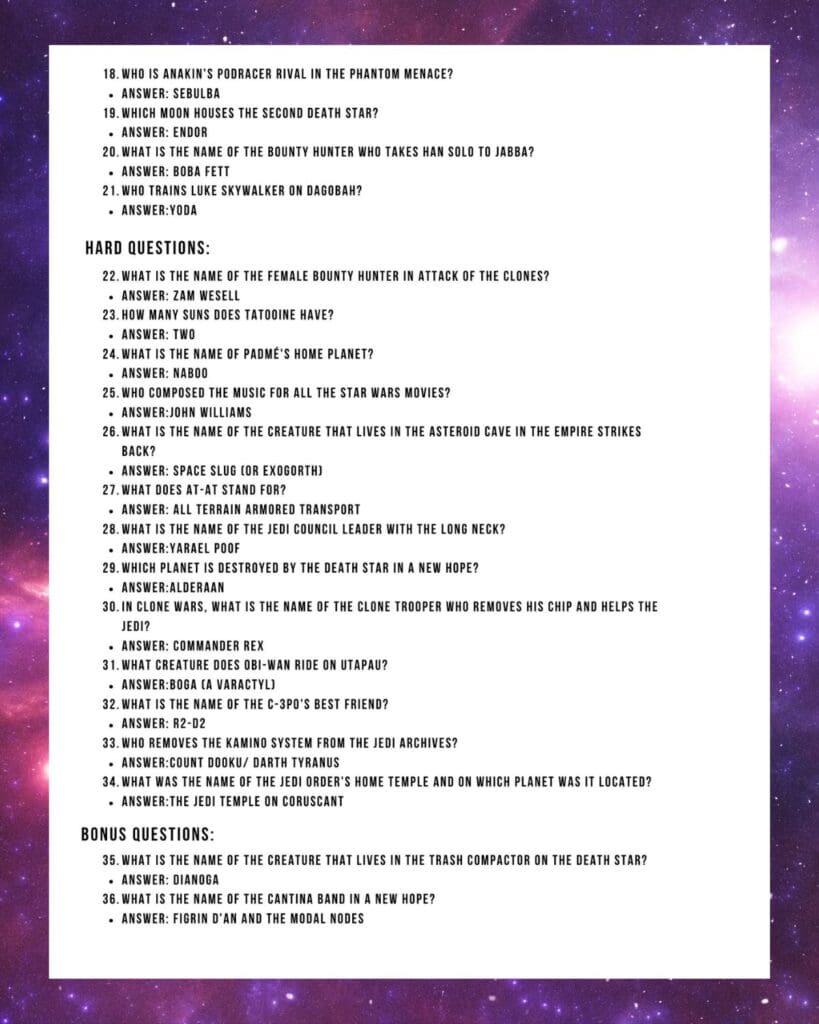 Second page of Star Wars Trivia free printable for your Star Wars Party or Star Wars Day celebration 