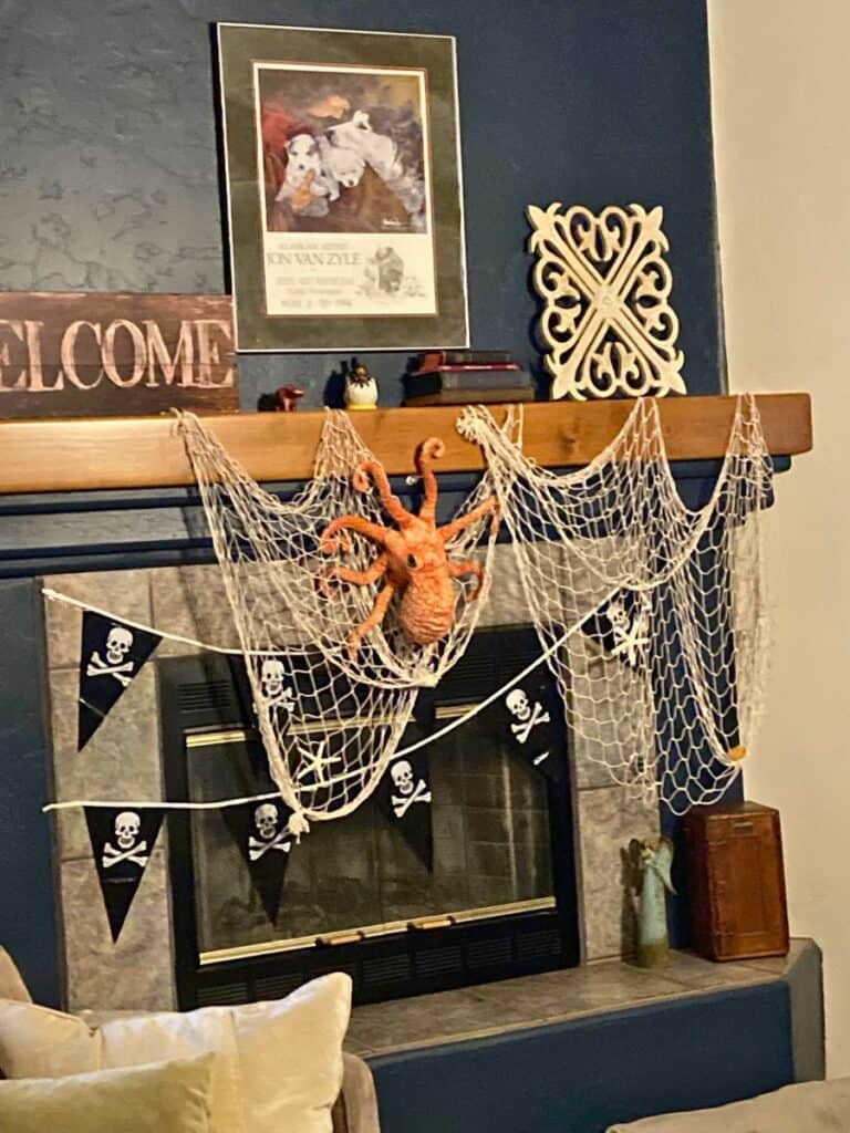 pirate party for kids decorations: fishing nets, stuffed octopus and star fishes. 
