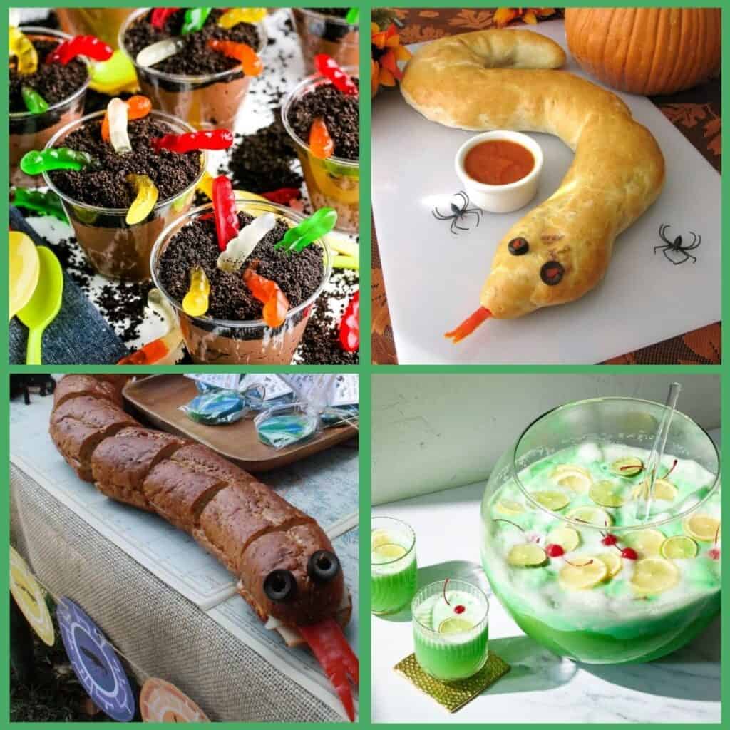 Featured image for reptile themed birthday party ideas. Includes dirt cups and snake themed sandwich