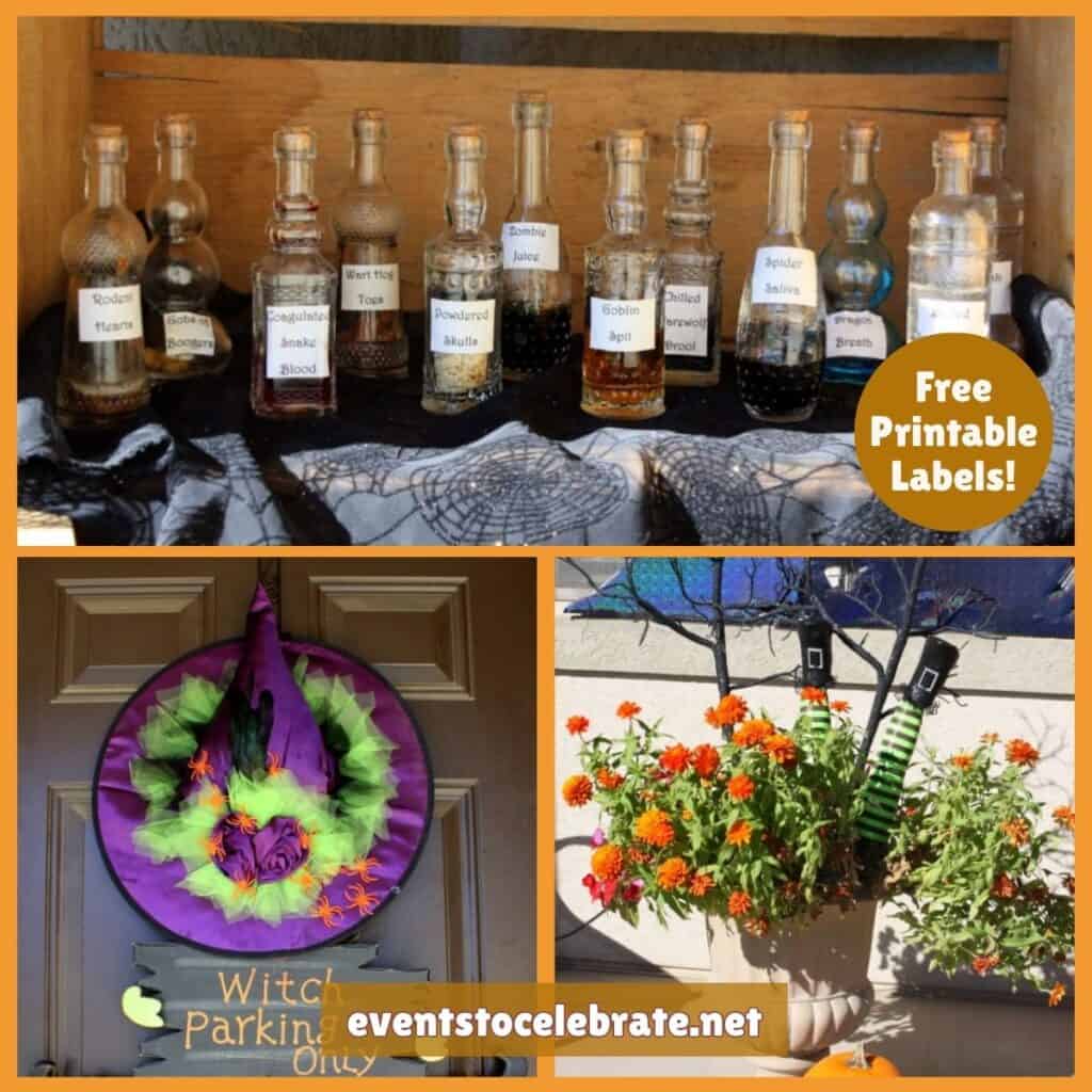 Featured image with potion bottles, witch's legs and witch's hat door decoration.