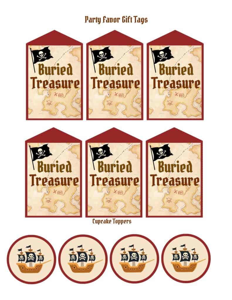 Pirate birthday party gift tags and cupcake toppers