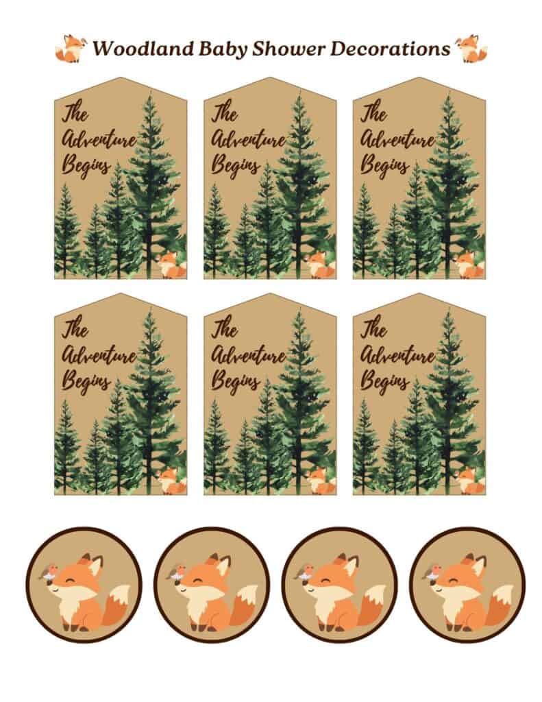 Woodland baby shower free printable gift tags and cupcake toppers