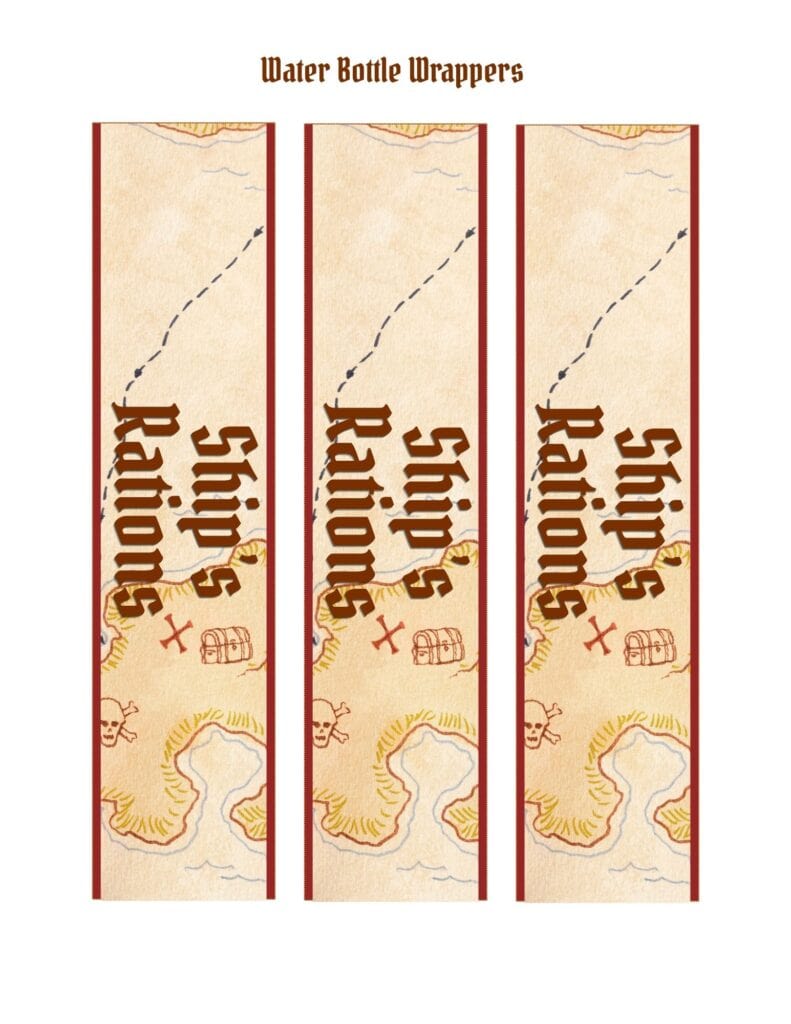 Free printable pirate party water bottle wrappers.