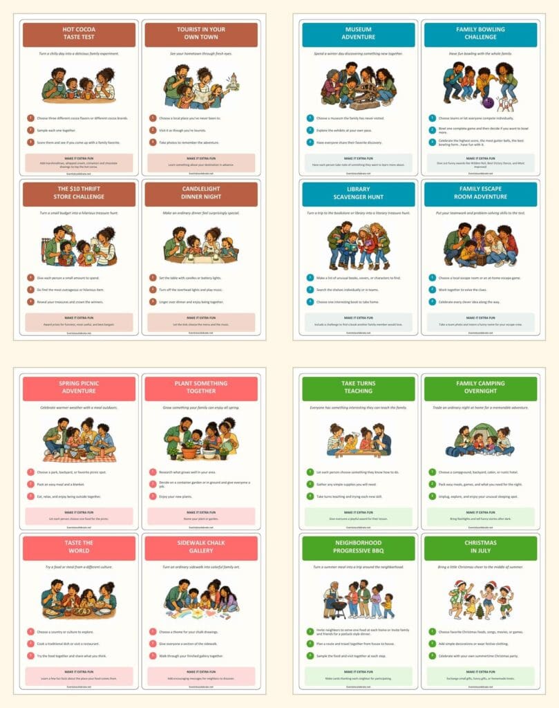 Sample fall, winter, spring and summer activity cards from the Family Fun Deck