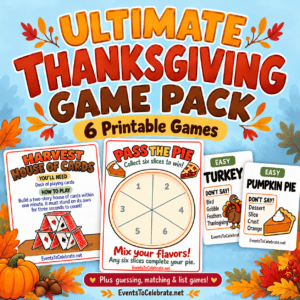 Bring the family together with six printable Thanksgiving games, including Don’t Say It, Pass the Pie, matching, and 12 Minute to Win It challenges.