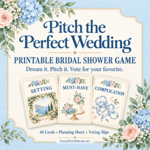 Pitch the Perfect Wedding printable bridal shower game with 48 cards, a planning sheet, and voting slips, shown with blue and pink florals.