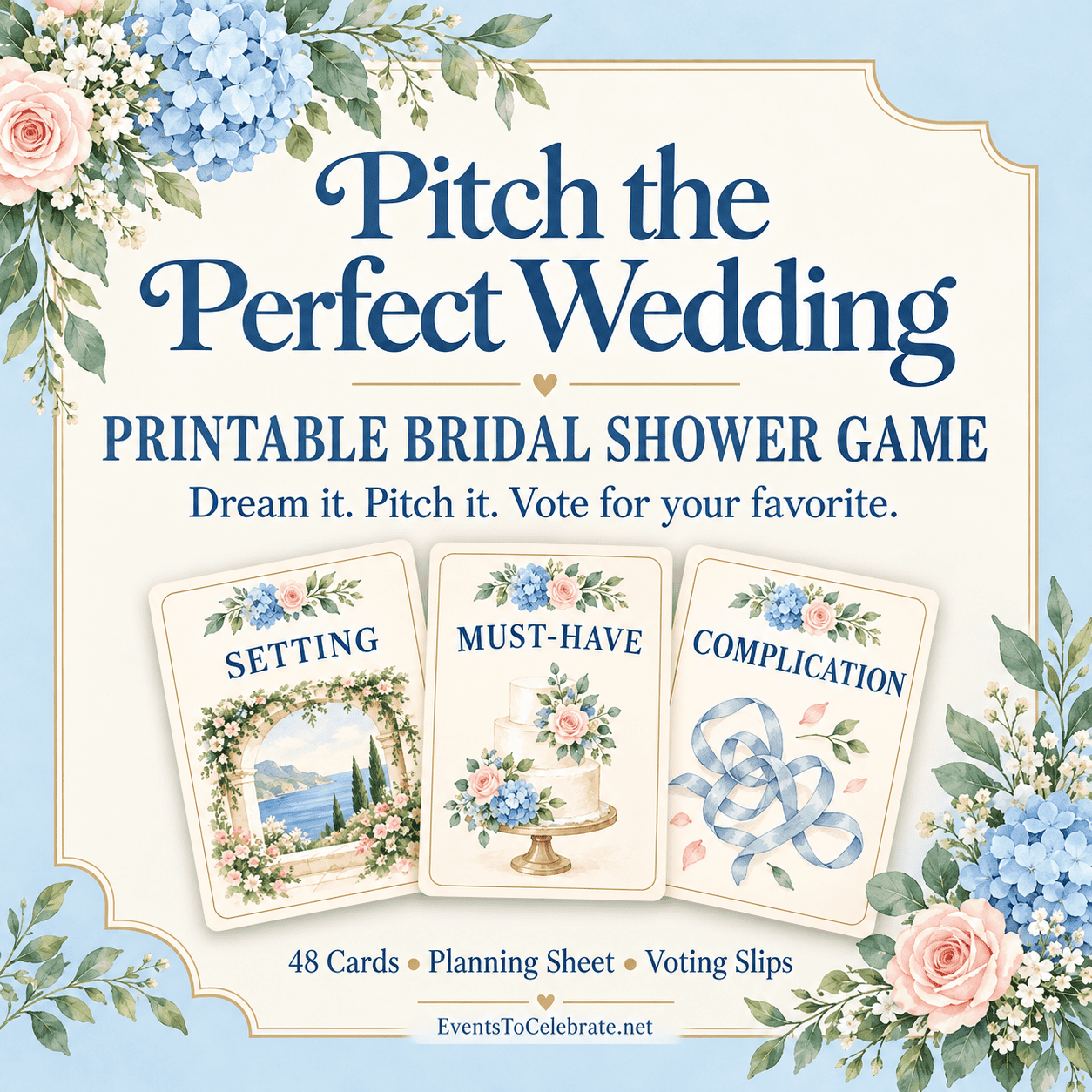 Pitch the Perfect Wedding printable bridal shower game with 48 cards, a planning sheet, and voting slips, shown with blue and pink florals.