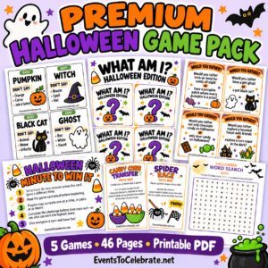 Premium Halloween printable game pack with five games and 46 pages.
