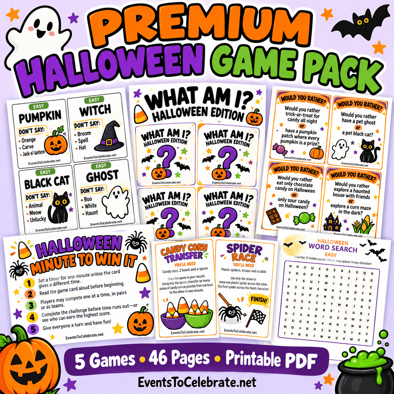 Premium Halloween printable game pack with five games and 46 pages.