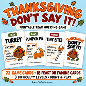 Thanksgiving Don’t Say It printable game with Turkey, Pumpkin Pie, and Tiny Bites sample cards and a matching turkey card back on a blue background.