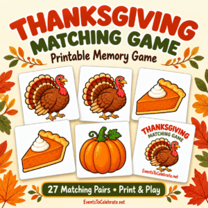 Thanksgiving matching game printable with turkey, pumpkin pie, and pumpkin cards, featuring 27 matching pairs.