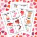 Valentine's Day hearts background with the free printable Valentine's Day headbands game in front.