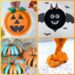 featured image showing 4 Halloween crafts for kids: paper plate pumpkin, paper plate bat craft, mason jar ring pumpkins and Halloween slime.