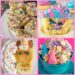 Unicorn party treats including unicorn pancakes, unicorn Rice Krispie treats, unicorn cupcakes and unicorn Chex mix.