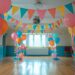 Example of decorating large spaces for a party. This example is simple with colorful banners strung across the ceiling and balloon bouquets filled with helium.